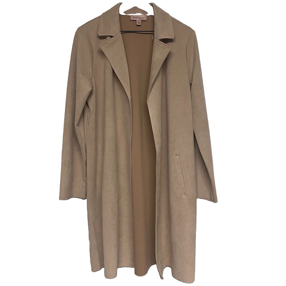 Philosophy Faux Suede Long Duster Coat Womens Size Large Soft Tan Open Front